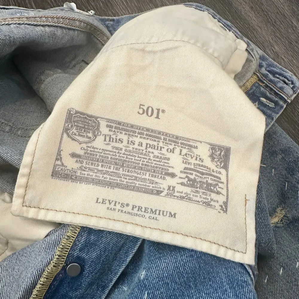 Levi's Selvedge 501 Blue Jean Turquoise Rivet Distressed Mens 40 x 32 Straight